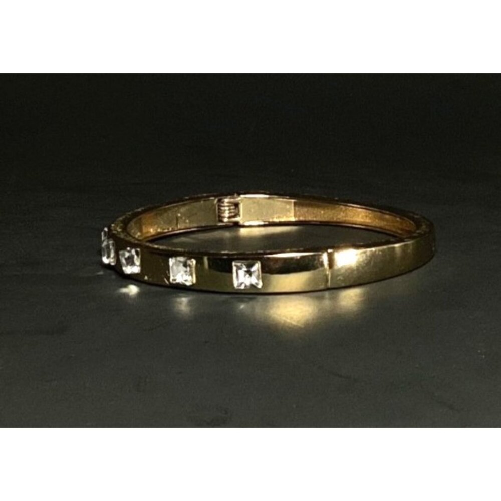 Gold Tone Hinged Metal Clamper Bangle Bracelet with Rhinestones - Picture 4 of 7
